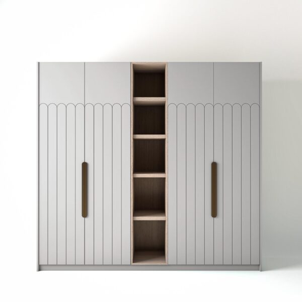 2.4 metre white coloured freestanding wardrobe by On-Trend Wardrobes, with tall Art Deco door design and an open shelf unit between each wardrobe, in a white studio setting