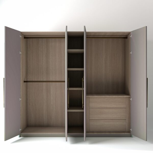 2.4m freestanding wardrobes with grey coloured doors open, showing Oak unit interiors, opens shelving and internal drawers in a white studio setting