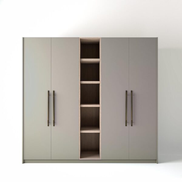 2.4 metre grey coloured freestanding wardrobe by On-Trend Wardrobes, with flat panel door design and an open shelf unit between each wardrobe, in a white studio setting
