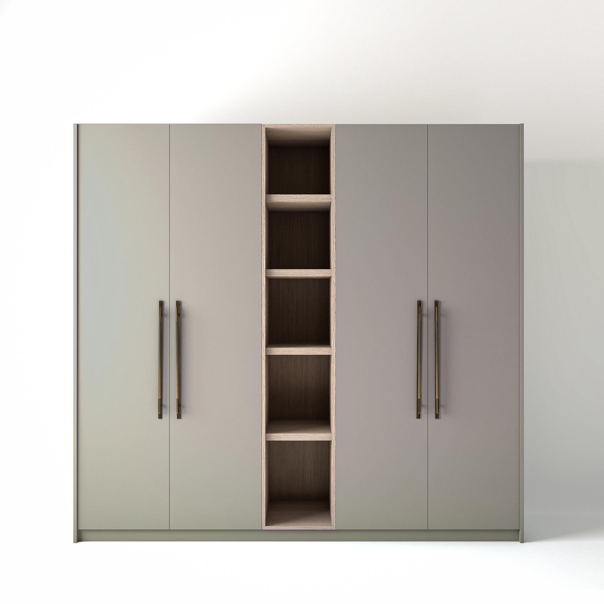 2.4 metre grey coloured freestanding wardrobe by On-Trend Wardrobes, with flat panel door design and an open shelf unit between each wardrobe, in a white studio setting