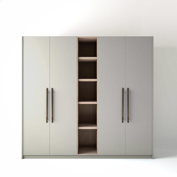2.4 metre light grey coloured freestanding wardrobe by On-Trend Wardrobes, with flat panel door design and an open shelf unit between each wardrobe, in a white studio setting