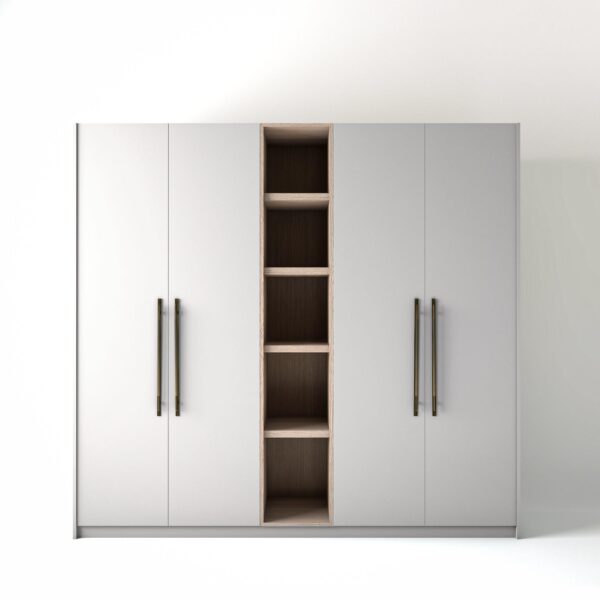2.4 metre white coloured freestanding wardrobe by On-Trend Wardrobes, with flat panel door design and an open shelf unit between each wardrobe, in a white studio setting