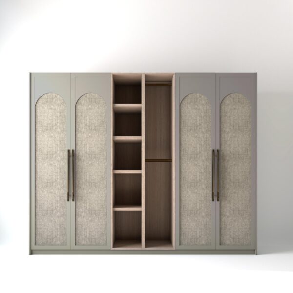 2.8 metre grey coloured freestanding wardrobe by On-Trend Wardrobes, with arched fabric door design and an Oak open storage unit between each wardrobe, in a white studio setting