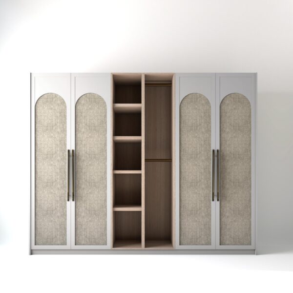 2.8 metre white coloured freestanding wardrobe by On-Trend Wardrobes, with arched fabric door design and an Oak open storage unit between each wardrobe, in a white studio setting