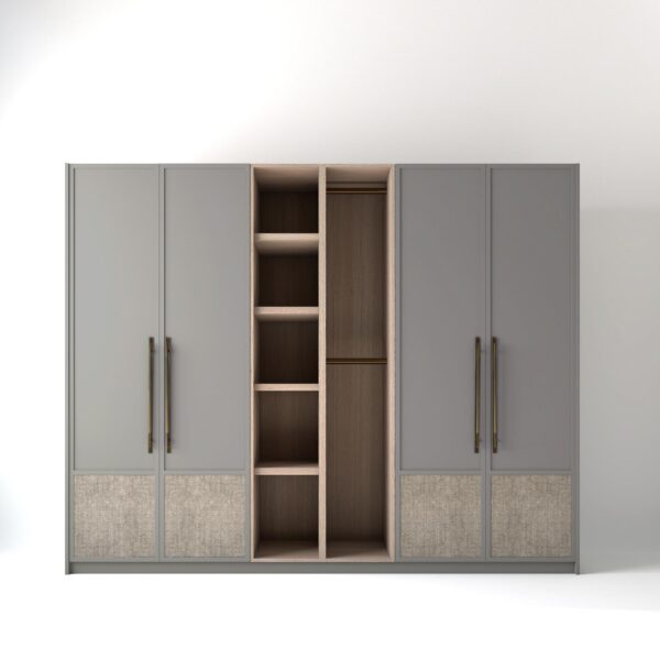 2.8 metre grey coloured freestanding wardrobe by On-Trend Wardrobes, with low fabric panel shaker door design and an open storage unit between each wardrobe, in a white studio setting