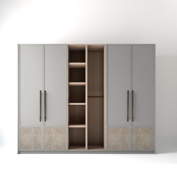 2.8 metre light grey coloured freestanding wardrobe by On-Trend Wardrobes, with low fabric panel shaker door design and an open storage unit between each wardrobe, in a white studio setting