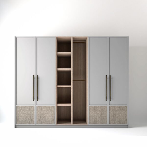 2.8 metre white grey coloured freestanding wardrobe by On-Trend Wardrobes, with low fabric panel shaker door design and an open storage unit between each wardrobe, in a white studio setting