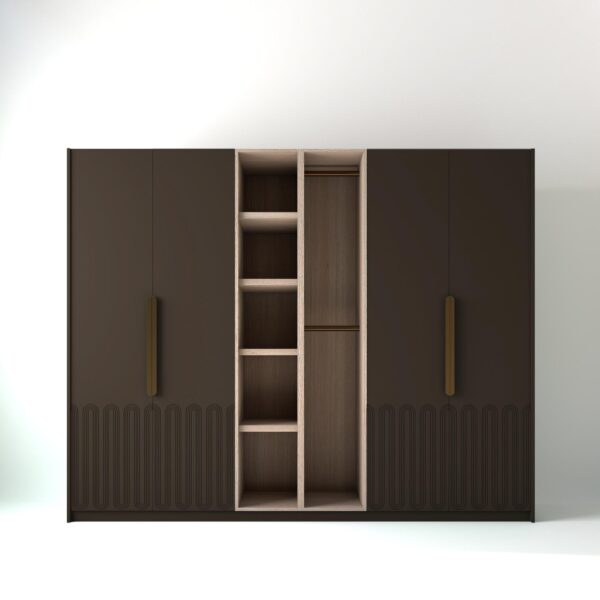 2.8 metre clay coloured freestanding wardrobe by On-Trend Wardrobes, with Art Deco door design and an oak open storage unit between each wardrobe, in a white studio setting
