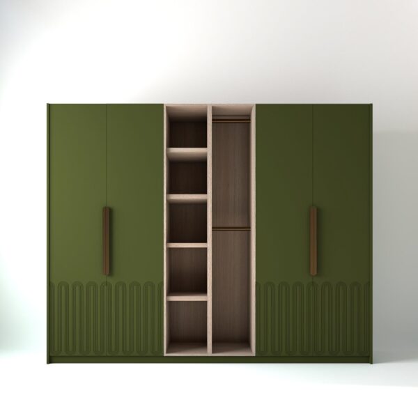 2.8 metre olive coloured freestanding wardrobe by On-Trend Wardrobes, with Art Deco door design and an oak open storage unit between each wardrobe, in a white studio setting