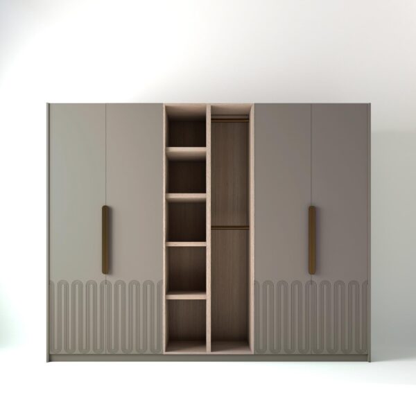 2.8 metre grey coloured freestanding wardrobe by On-Trend Wardrobes, with Art Deco door design and an oak open storage unit between each wardrobe, in a white studio setting
