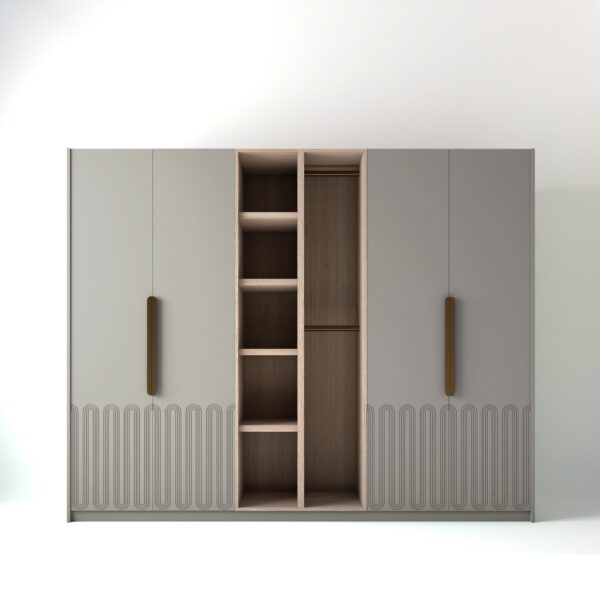 2.8 metre light grey coloured freestanding wardrobe by On-Trend Wardrobes, with Art Deco door design and an oak open storage unit between each wardrobe, in a white studio setting