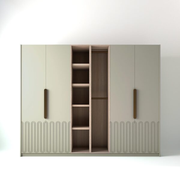 2.8 metre off-white coloured freestanding wardrobe by On-Trend Wardrobes, with Art Deco door design and an oak open storage unit between each wardrobe, in a white studio setting