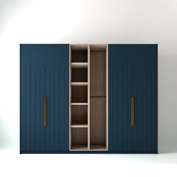 2.8 metre blue coloured freestanding wardrobe by On-Trend Wardrobes, with tall Art Deco door design and an oak open storage unit between each wardrobe, in a white studio setting