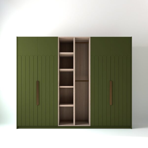2.8 metre olive coloured freestanding wardrobe by On-Trend Wardrobes, with tall Art Deco door design and an oak open storage unit between each wardrobe, in a white studio setting