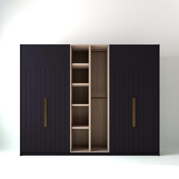 2.8 metre plum coloured freestanding wardrobe by On-Trend Wardrobes, with tall Art Deco door design and an oak open storage unit between each wardrobe, in a white studio setting