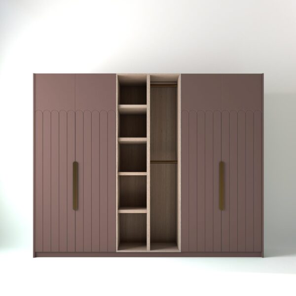 2.8 metre blush pink coloured freestanding wardrobe by On-Trend Wardrobes, with tall Art Deco door design and an oak open storage unit between each wardrobe, in a white studio setting