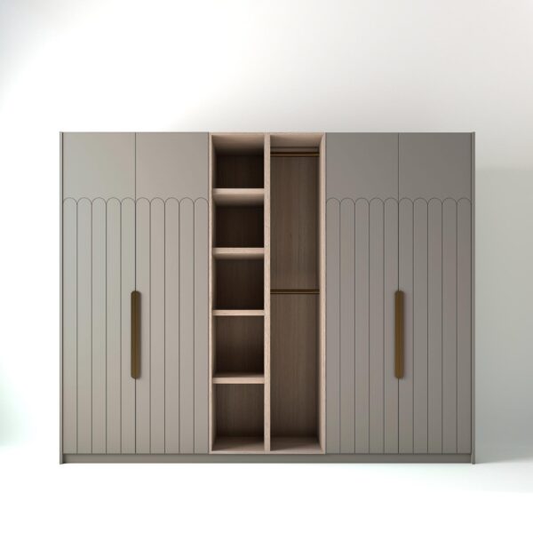 2.8 metre grey coloured freestanding wardrobe by On-Trend Wardrobes, with tall Art Deco door design and an oak open storage unit between each wardrobe, in a white studio setting