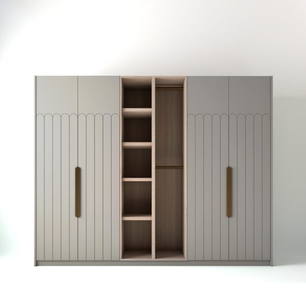 2.8 metre light grey coloured freestanding wardrobe by On-Trend Wardrobes, with tall Art Deco door design and an oak open storage unit between each wardrobe, in a white studio setting