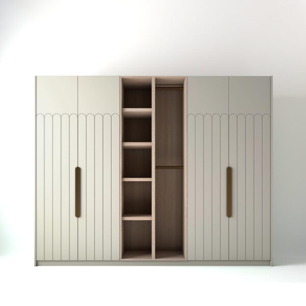 2.8 metre off-white coloured freestanding wardrobe by On-Trend Wardrobes, with tall Art Deco door design and an oak open storage unit between each wardrobe, in a white studio setting