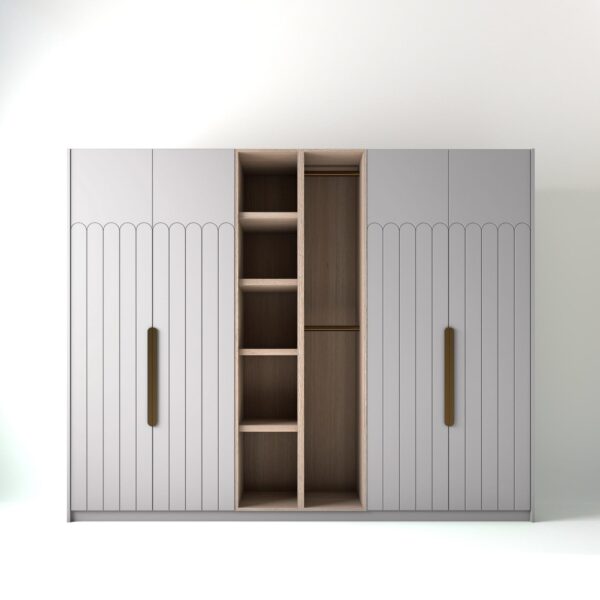 2.8 metre white coloured freestanding wardrobe by On-Trend Wardrobes, with tall Art Deco door design and an oak open storage unit between each wardrobe, in a white studio setting