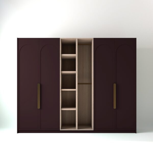 2.8 metre wine coloured freestanding wardrobe by On-Trend Wardrobes, with arched shaker door design and an oak open storage unit between each wardrobe, in a white studio setting