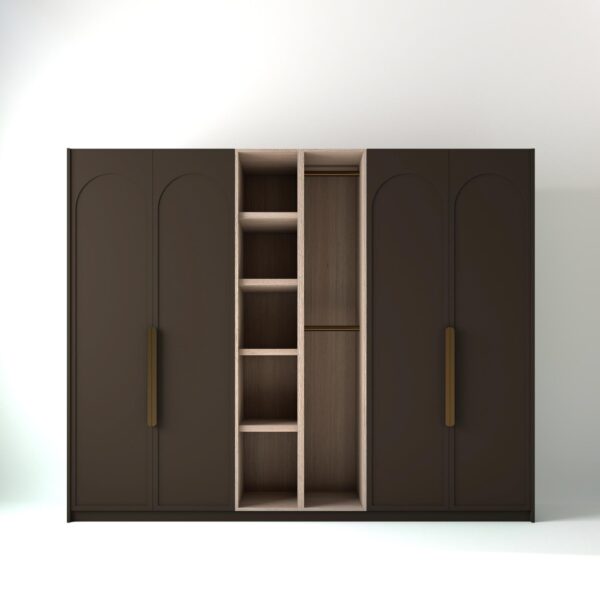 2.8 metre clay coloured freestanding wardrobe by On-Trend Wardrobes, with arched shaker door design and an oak open storage unit between each wardrobe, in a white studio setting