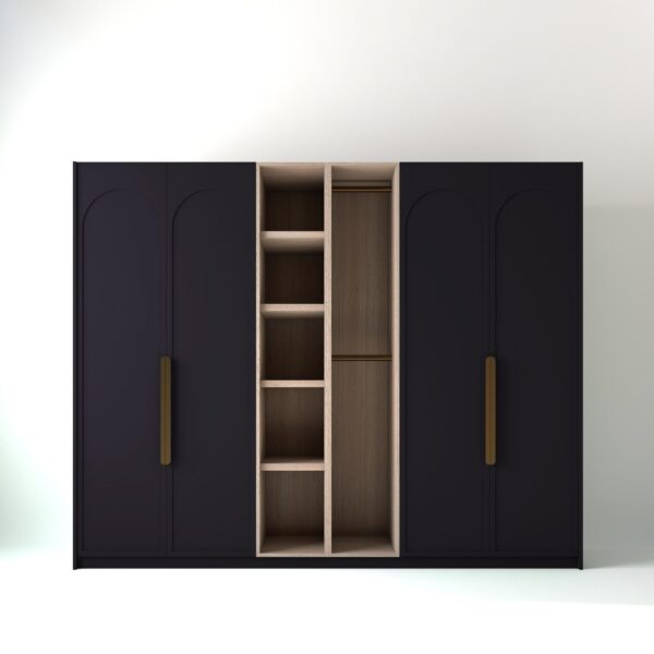 2.8 metre plum coloured freestanding wardrobe by On-Trend Wardrobes, with arched shaker door design and an oak open storage unit between each wardrobe, in a white studio setting