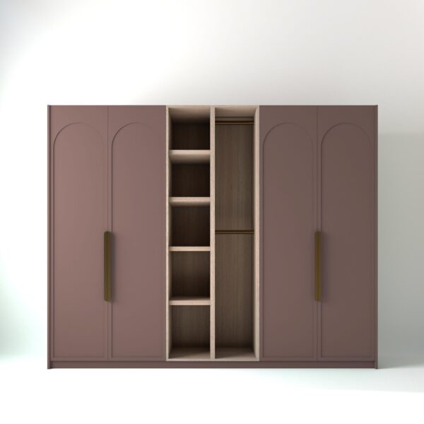 2.8 metre blush pink coloured freestanding wardrobe by On-Trend Wardrobes, with arched shaker door design and an oak open storage unit between each wardrobe, in a white studio setting