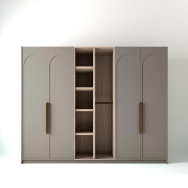 2.8 metre grey coloured freestanding wardrobe by On-Trend Wardrobes, with arched shaker door design and an oak open storage unit between each wardrobe, in a white studio setting