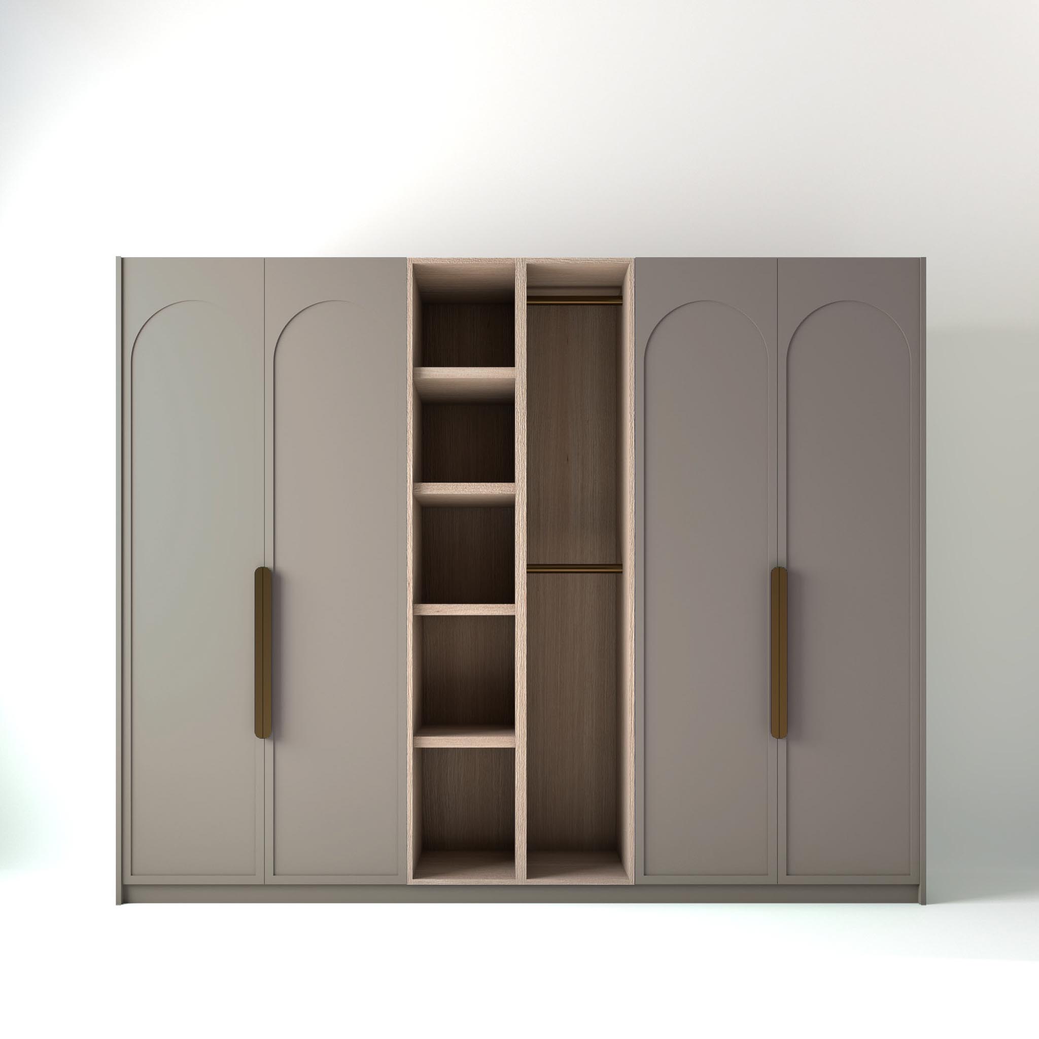 2.8 metre grey coloured freestanding wardrobe by On-Trend Wardrobes, with arched shaker door design and an oak open storage unit between each wardrobe, in a white studio setting
