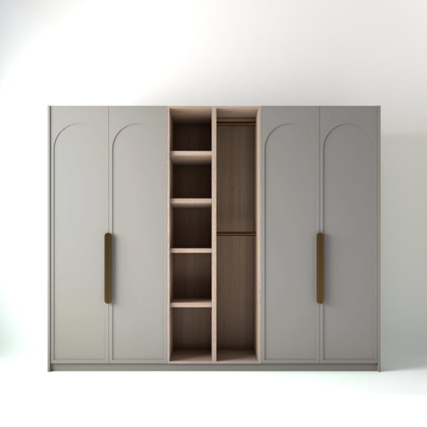 2.8 metre light grey coloured freestanding wardrobe by On-Trend Wardrobes, with arched shaker door design and an oak open storage unit between each wardrobe, in a white studio setting