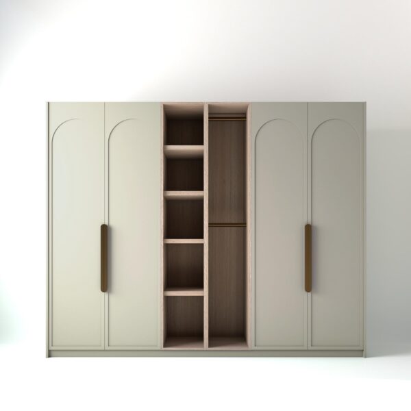 2.8 metre off-white coloured freestanding wardrobe by On-Trend Wardrobes, with arched shaker door design and an oak open storage unit between each wardrobe, in a white studio setting