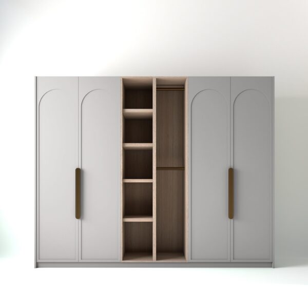 2.8 metre white coloured freestanding wardrobe by On-Trend Wardrobes, with arched shaker door design and an oak open storage unit between each wardrobe, in a white studio setting