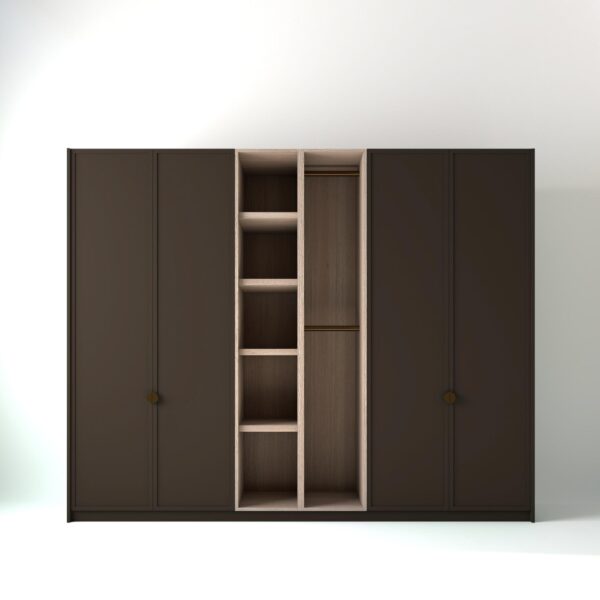 2.8 metre clay coloured freestanding wardrobe by On-Trend Wardrobes, with modern shaker door design and an oak open storage unit between each wardrobe, in a white studio setting