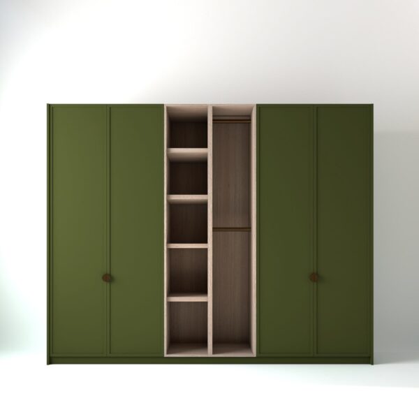 2.8 metre olive coloured freestanding wardrobe by On-Trend Wardrobes, with modern shaker door design and an oak open storage unit between each wardrobe, in a white studio setting