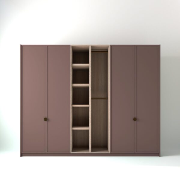 2.8 metre blush pink coloured freestanding wardrobe by On-Trend Wardrobes, with modern shaker door design and an oak open storage unit between each wardrobe, in a white studio setting