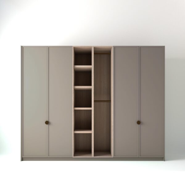 2.8 metre grey coloured freestanding wardrobe by On-Trend Wardrobes, with modern shaker door design and an oak open storage unit between each wardrobe, in a white studio setting