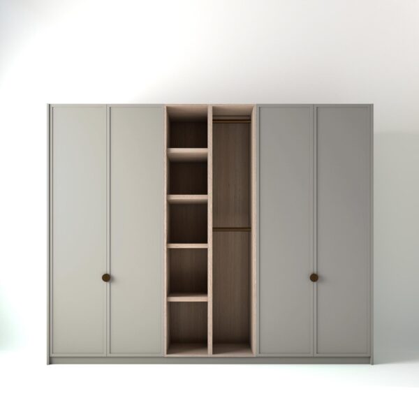 2.8 metre light grey coloured freestanding wardrobe by On-Trend Wardrobes, with modern shaker door design and an oak open storage unit between each wardrobe, in a white studio setting