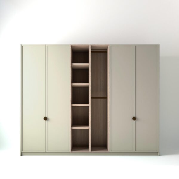 2.8 metre off-white coloured freestanding wardrobe by On-Trend Wardrobes, with modern shaker door design and an oak open storage unit between each wardrobe, in a white studio setting
