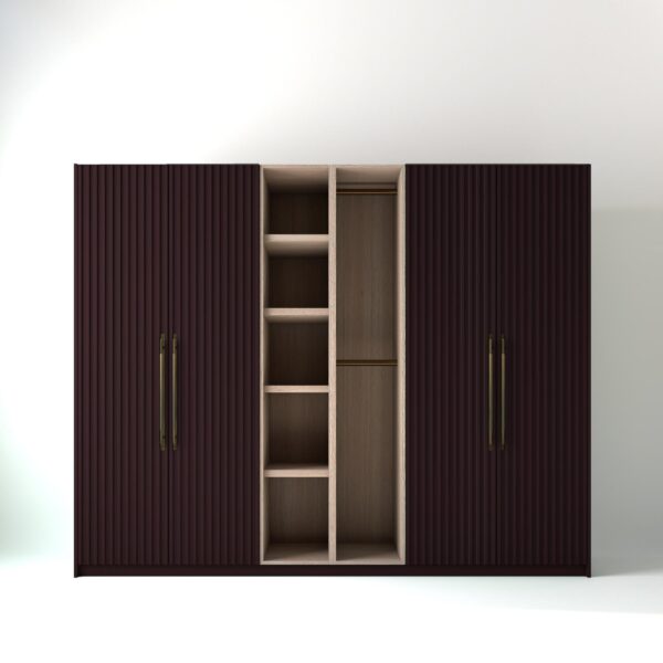 2.8 metre wine coloured freestanding wardrobe by On-Trend Wardrobes, with ribbed door design and an open oak storage unit between each wardrobe, in a white studio setting