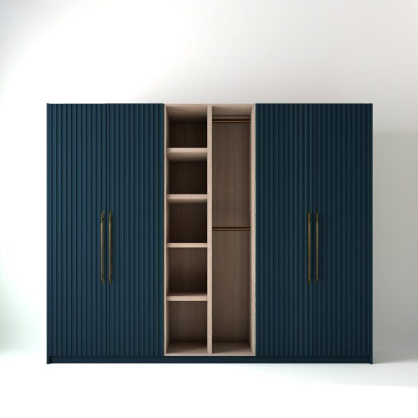2.8 metre blue coloured freestanding wardrobe by On-Trend Wardrobes, with ribbed door design and an open oak storage unit between each wardrobe, in a white studio setting