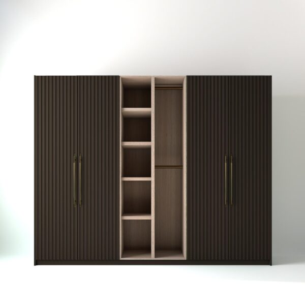 2.8 metre clay coloured freestanding wardrobe by On-Trend Wardrobes, with ribbed door design and an open oak storage unit between each wardrobe, in a white studio setting