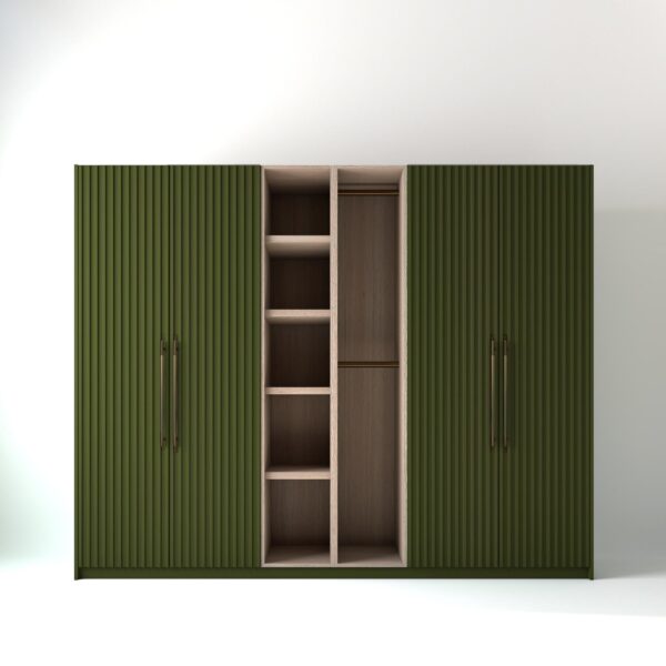 2.8 metre olive coloured freestanding wardrobe by On-Trend Wardrobes, with ribbed door design and an open oak storage unit between each wardrobe, in a white studio setting