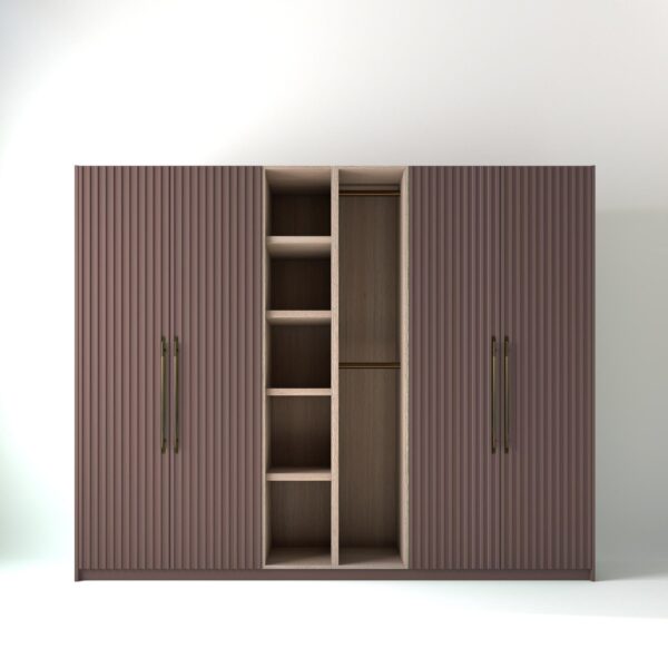 2.8 metre blush pink coloured freestanding wardrobe by On-Trend Wardrobes, with ribbed door design and an open oak storage unit between each wardrobe, in a white studio setting