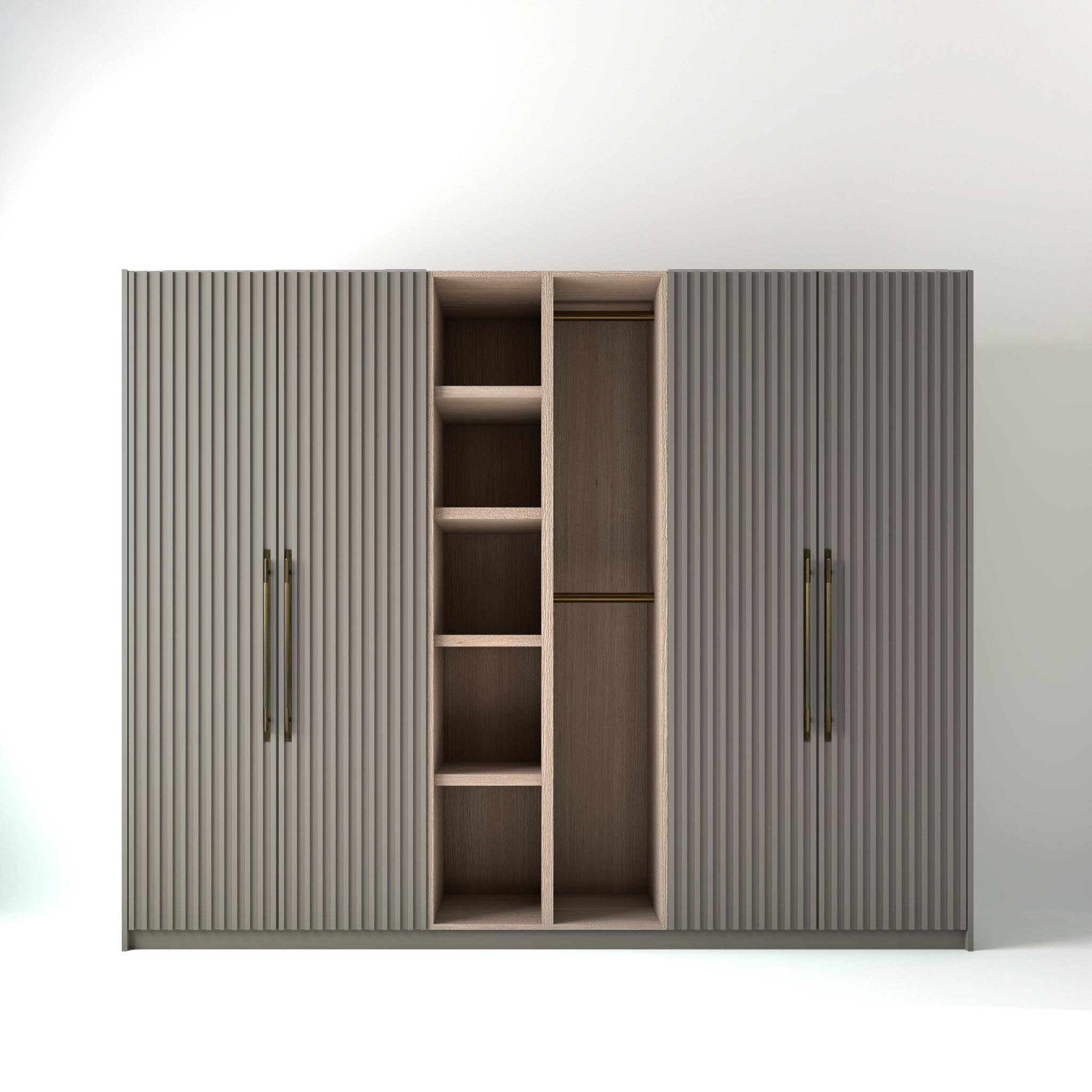 2.8 metre grey coloured freestanding wardrobe by On-Trend Wardrobes, with ribbed door design and an open oak storage unit between each wardrobe, in a white studio setting
