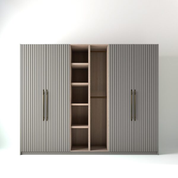 2.8 metre light grey coloured freestanding wardrobe by On-Trend Wardrobes, with ribbed door design and an open oak storage unit between each wardrobe, in a white studio setting