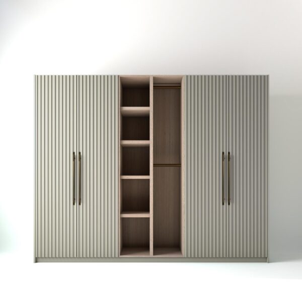 2.8 metre off-white coloured freestanding wardrobe by On-Trend Wardrobes, with ribbed door design and an open oak storage unit between each wardrobe, in a white studio setting