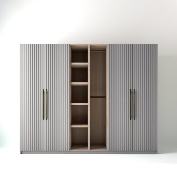 2.8 metre white coloured freestanding wardrobe by On-Trend Wardrobes, with ribbed door design and an open oak storage unit between each wardrobe, in a white studio setting