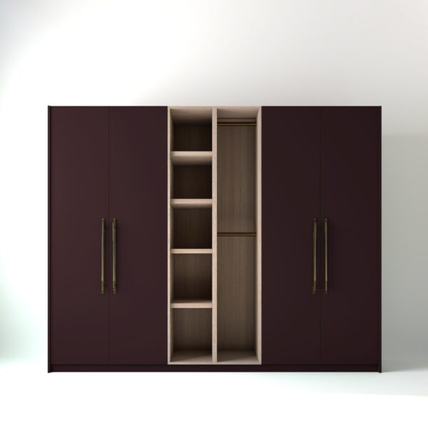 2.8 metre wine coloured freestanding wardrobe by On-Trend Wardrobes, with flat-panel door design and an open oak storage unit between each wardrobe, in a white studio setting