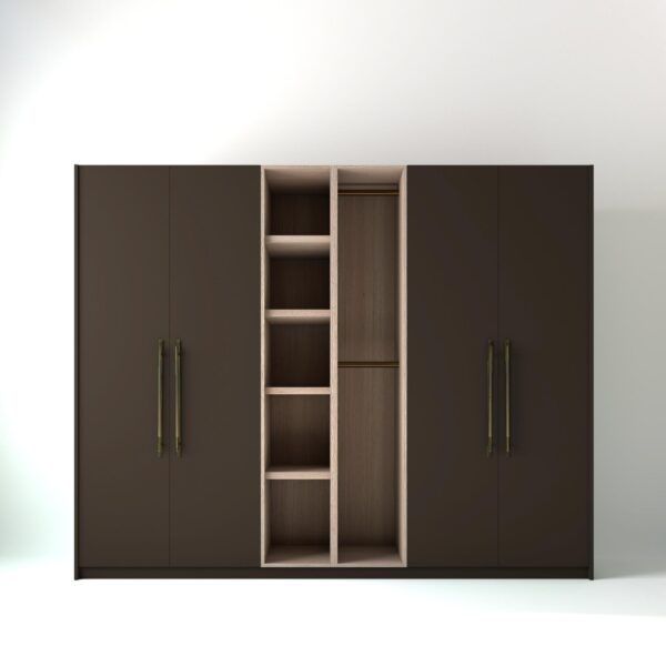 2.8 metre clay coloured freestanding wardrobe by On-Trend Wardrobes, with flat-panel door design and an open oak storage unit between each wardrobe, in a white studio setting